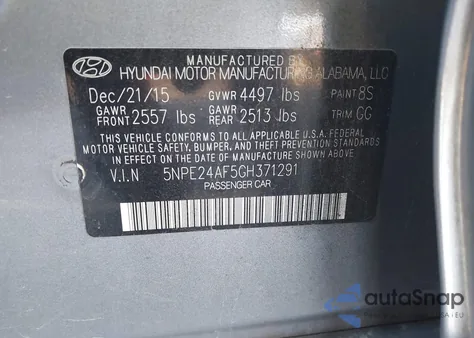 2016 Hyundai Sonata Se из США, поврежденный, VIN 5NPE24AF5GH371291